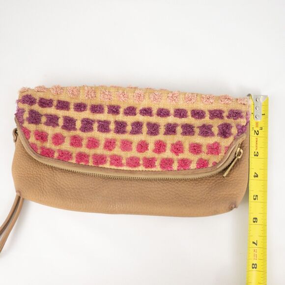Fossil Purse Preston Leather Straw Fold-Over Pouch with Wristlet Tan Pink Purple - Picture 15 of 16